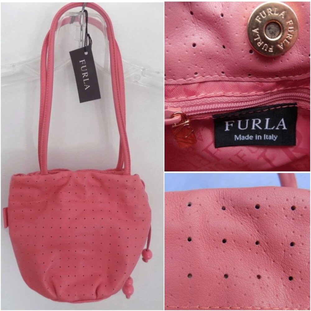 NWT Furla Shoulder bag Salmon pink Straps Bucket Perforated leather Italy Pouch